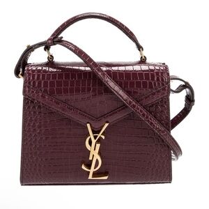 Yves Saint Laurent Croc-Embossed Burgundy Top Handle Bag with Gold Hardware
